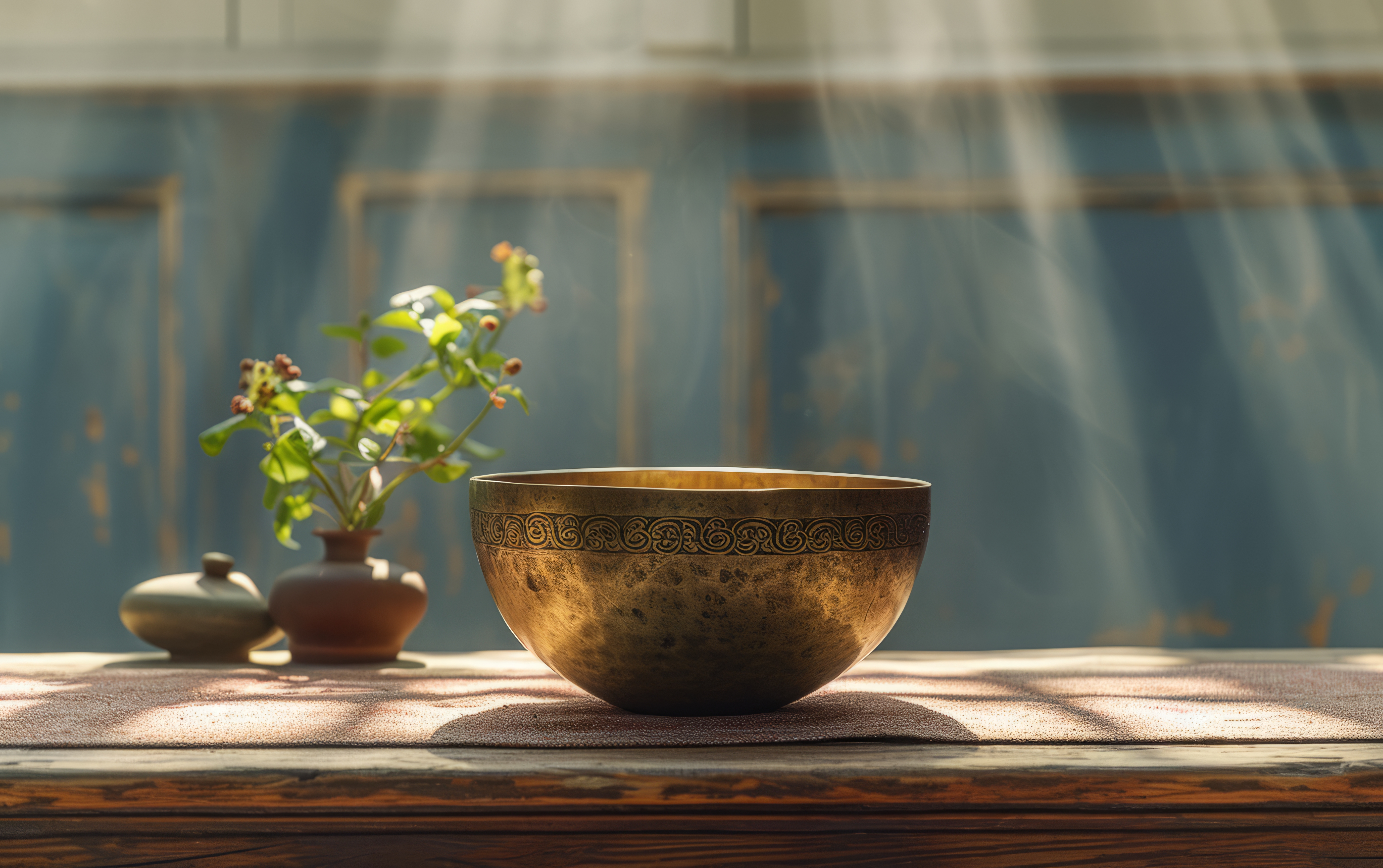 Relaxing sound bowl for meditation and mindfulness, beside a potted plant